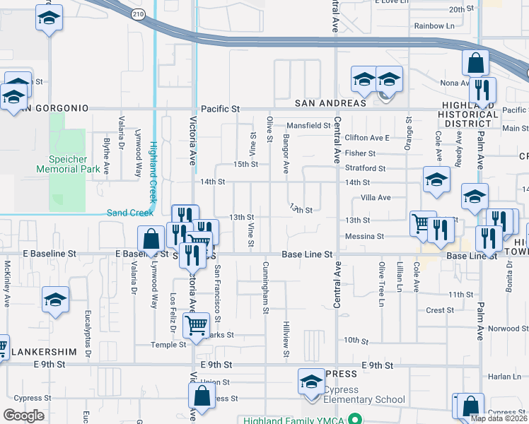 map of restaurants, bars, coffee shops, grocery stores, and more near 7174 Olive Street in Highland