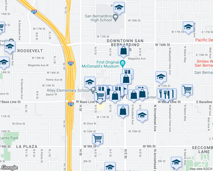 map of restaurants, bars, coffee shops, grocery stores, and more near 632 West 13th Street in San Bernardino