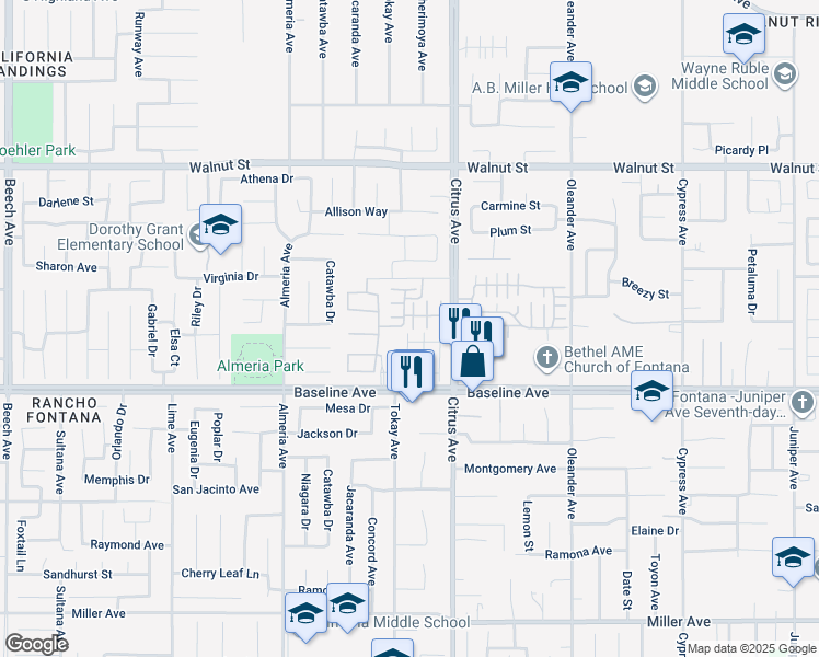 map of restaurants, bars, coffee shops, grocery stores, and more near 16000 Baseline Avenue in Fontana