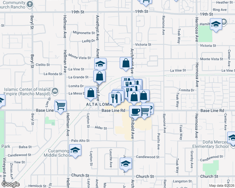 map of restaurants, bars, coffee shops, grocery stores, and more near 9601 Lomita Court in Rancho Cucamonga