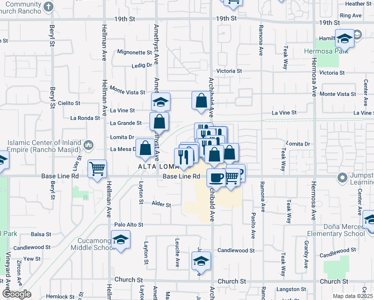 map of restaurants, bars, coffee shops, grocery stores, and more near 9601 Lomita Court in Rancho Cucamonga
