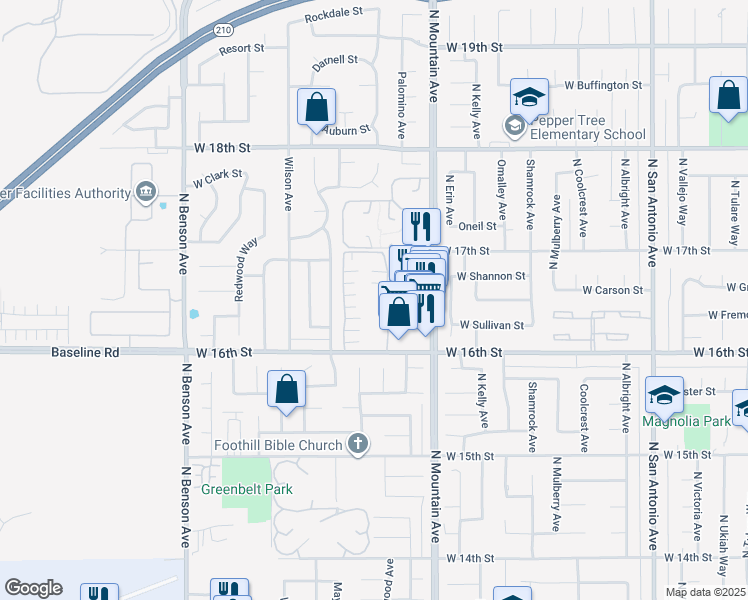 map of restaurants, bars, coffee shops, grocery stores, and more near 1651 Carmel Circle West in Upland
