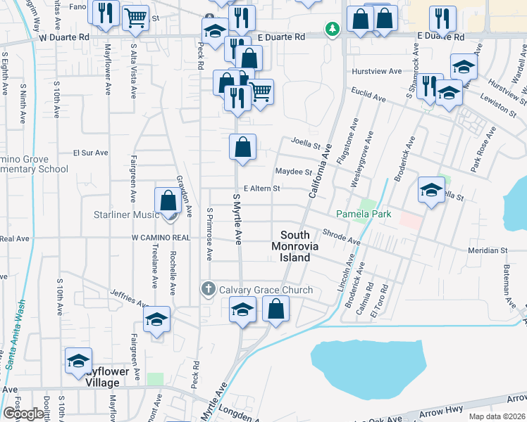 map of restaurants, bars, coffee shops, grocery stores, and more near 228 Pamela Road in Monrovia
