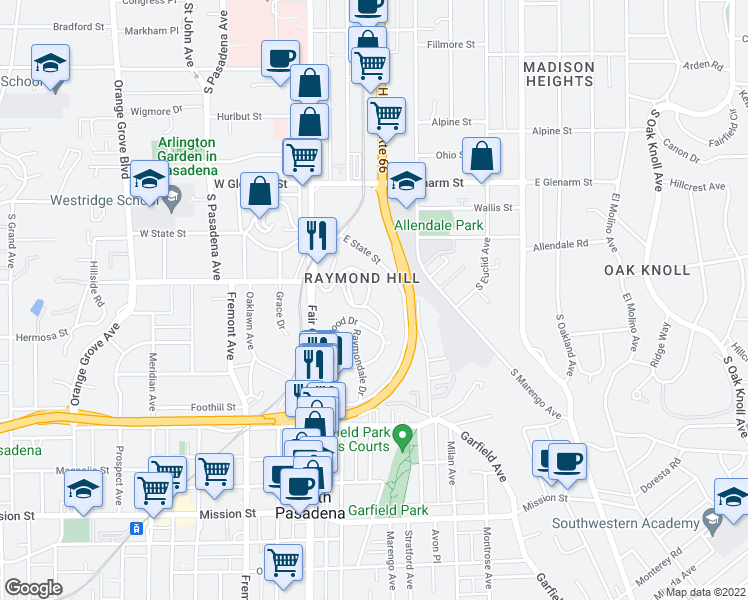 map of restaurants, bars, coffee shops, grocery stores, and more near in South Pasadena
