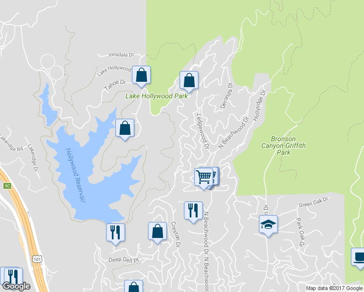 map of restaurants, bars, coffee shops, grocery stores, and more near 6459 Rodgerton Drive in Los Angeles