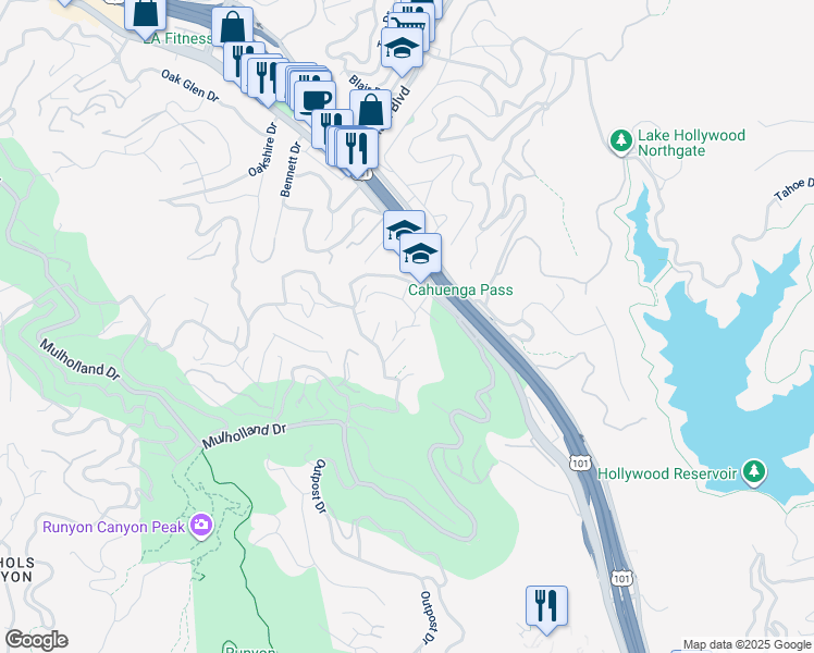 map of restaurants, bars, coffee shops, grocery stores, and more near 6849 Cahuenga Park Trail in Los Angeles