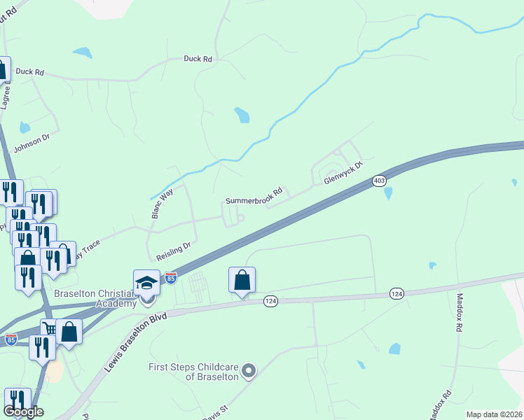 map of restaurants, bars, coffee shops, grocery stores, and more near 414 Walnut Woods Drive in Braselton