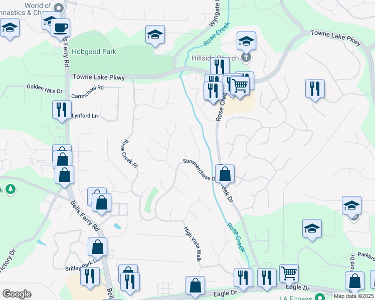 map of restaurants, bars, coffee shops, grocery stores, and more near 404 Summerchase Way in Woodstock