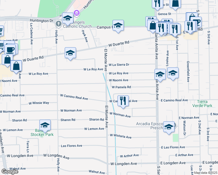 map of restaurants, bars, coffee shops, grocery stores, and more near 178 West Pamela Road in Arcadia