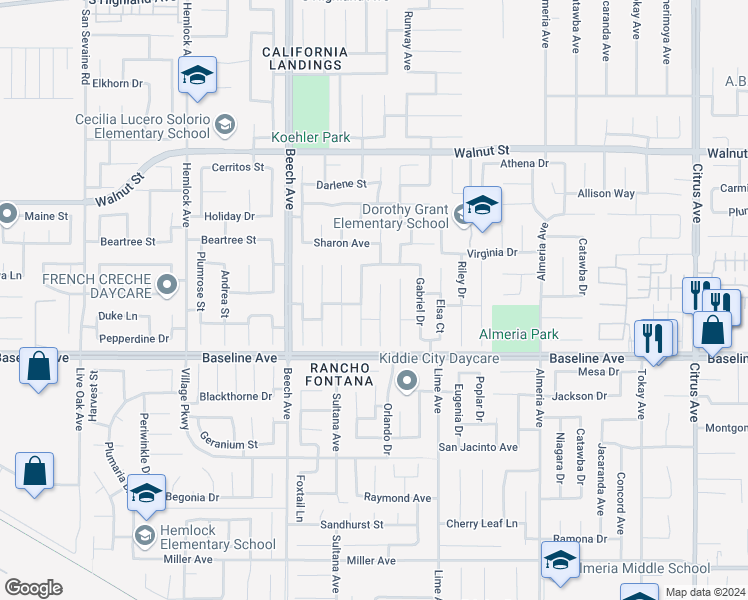 map of restaurants, bars, coffee shops, grocery stores, and more near 7188 Plum Tree Place in Fontana