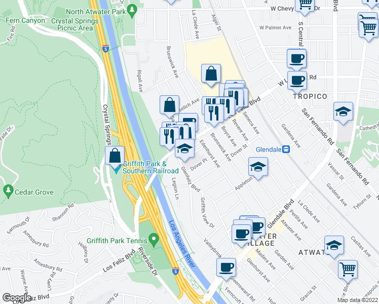map of restaurants, bars, coffee shops, grocery stores, and more near 3158 Los Feliz Boulevard in Los Angeles