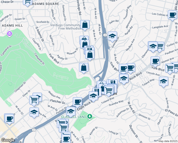 map of restaurants, bars, coffee shops, grocery stores, and more near 4007 Verdugo Road in Los Angeles