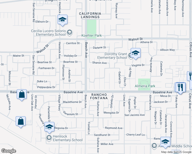 map of restaurants, bars, coffee shops, grocery stores, and more near 7189 Magnolia Place in Fontana