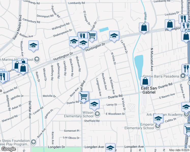map of restaurants, bars, coffee shops, grocery stores, and more near 6853 Longmont Avenue in San Gabriel