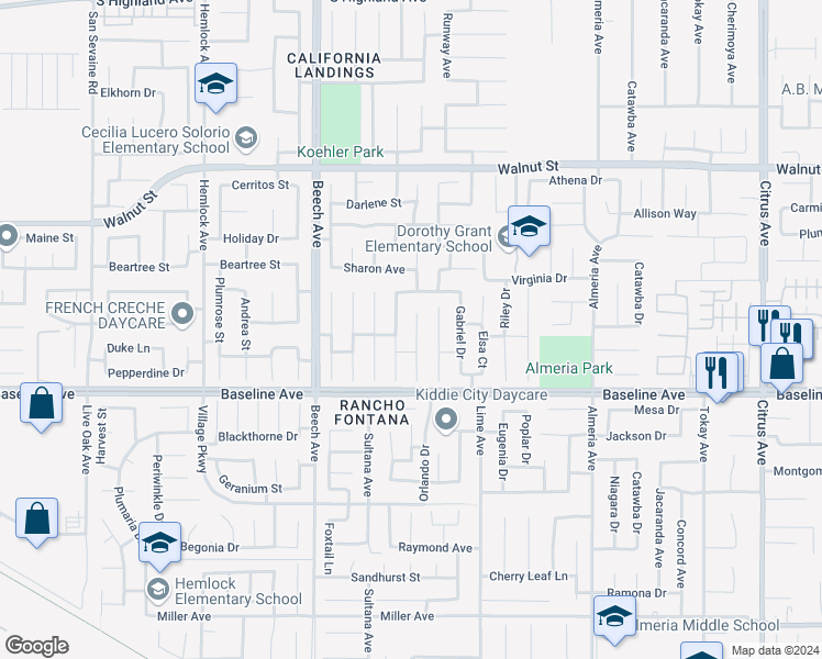 map of restaurants, bars, coffee shops, grocery stores, and more near 7188 Plum Tree Place in Fontana