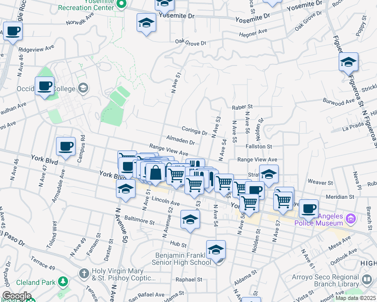 map of restaurants, bars, coffee shops, grocery stores, and more near 5209 Range View Avenue in Los Angeles