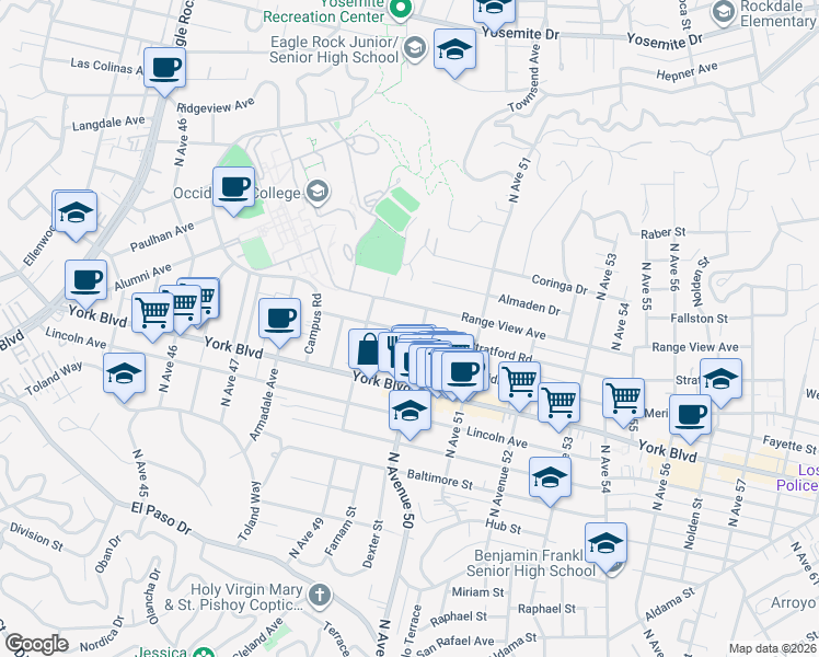 map of restaurants, bars, coffee shops, grocery stores, and more near 4947 Stratford Road in Los Angeles