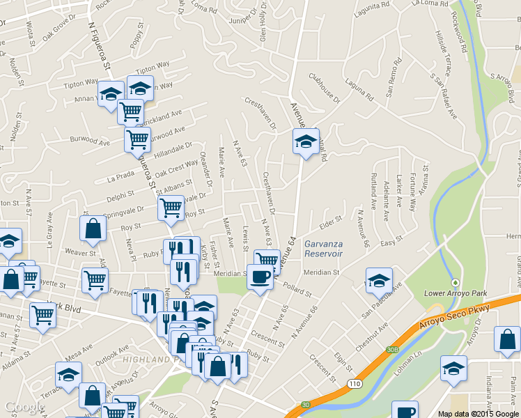 map of restaurants, bars, coffee shops, grocery stores, and more near 916 North Ave 63 in Los Angeles