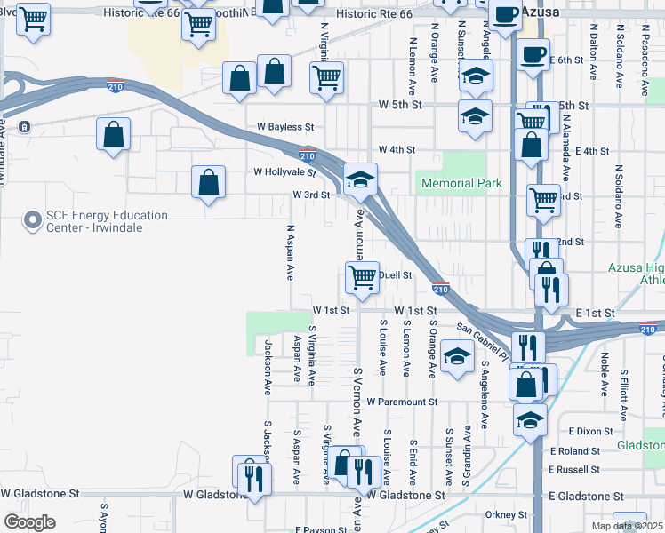 map of restaurants, bars, coffee shops, grocery stores, and more near 147 North Barbara Avenue in Azusa