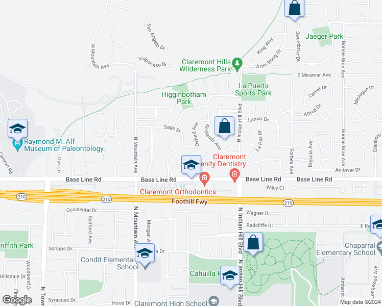 map of restaurants, bars, coffee shops, grocery stores, and more near 2177 Oxford Avenue in Claremont