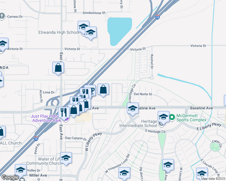map of restaurants, bars, coffee shops, grocery stores, and more near 7181 Santa Barbara Court in Fontana