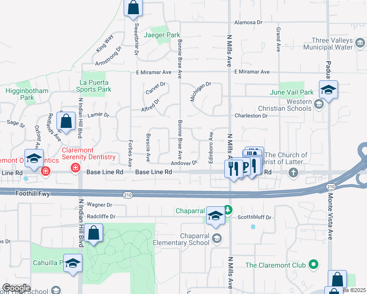 map of restaurants, bars, coffee shops, grocery stores, and more near 2214 Bonnie Brae Avenue in Claremont