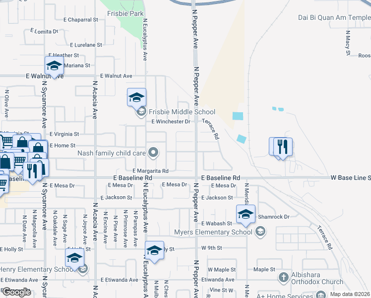 map of restaurants, bars, coffee shops, grocery stores, and more near 858 East Mariposa Drive in Rialto