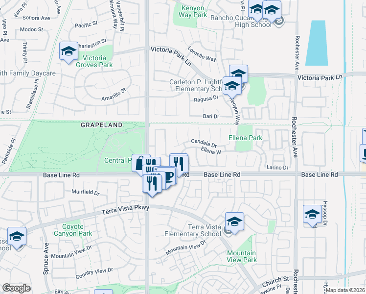 map of restaurants, bars, coffee shops, grocery stores, and more near 10390 Commerce Center Drive in Rancho Cucamonga