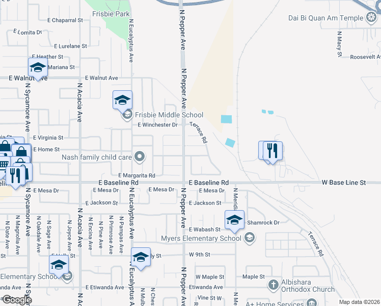 map of restaurants, bars, coffee shops, grocery stores, and more near 910 East Mariposa Drive in Rialto