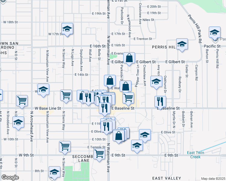 map of restaurants, bars, coffee shops, grocery stores, and more near 365 East Wabash Street in San Bernardino