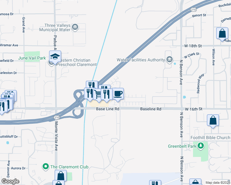 map of restaurants, bars, coffee shops, grocery stores, and more near 1634 Crepe Myrtle Place in Upland