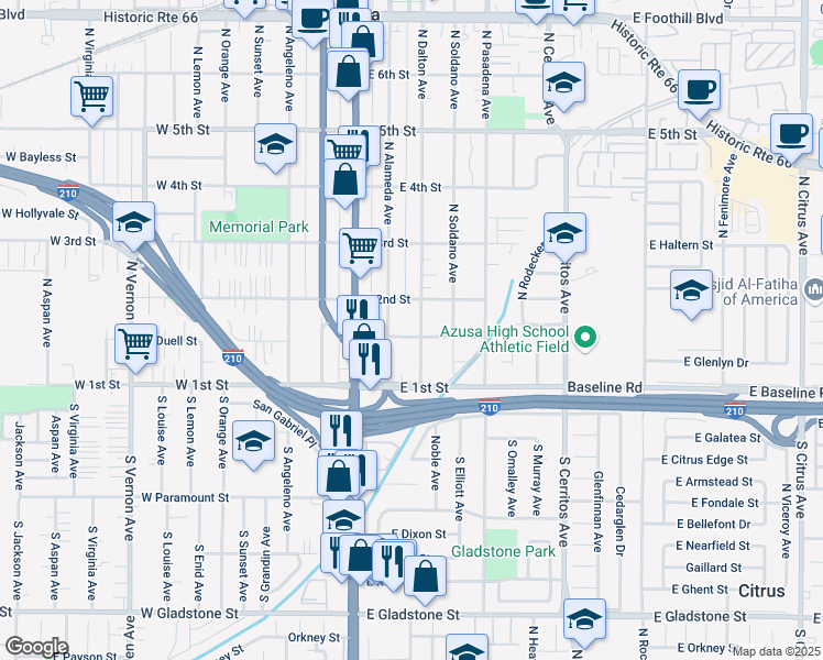 map of restaurants, bars, coffee shops, grocery stores, and more near 150 North Alameda Avenue in Azusa