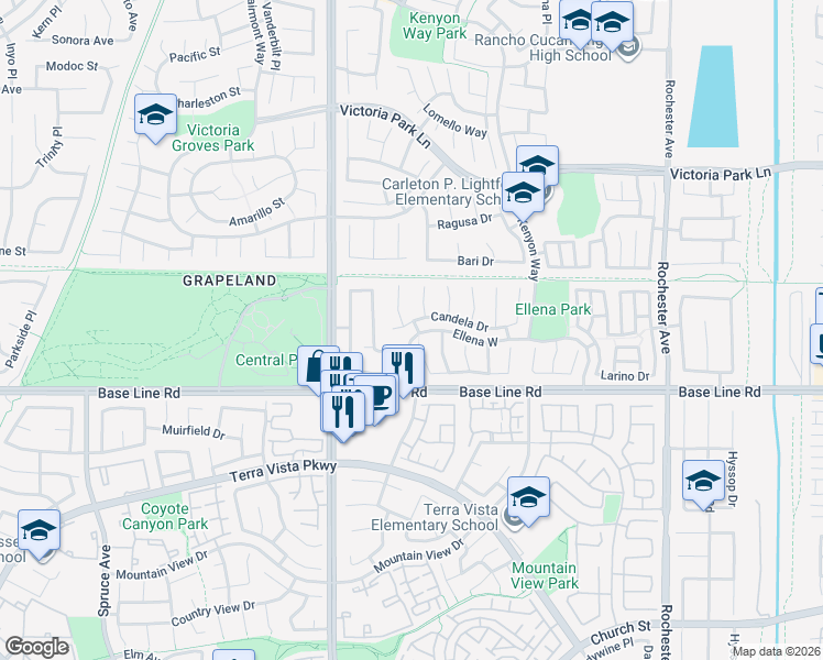 map of restaurants, bars, coffee shops, grocery stores, and more near 11461 Candela Drive in Rancho Cucamonga