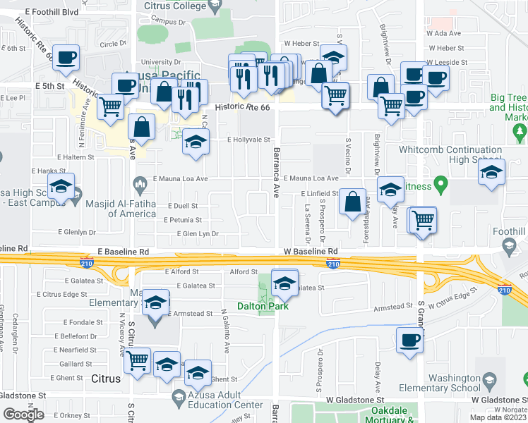 map of restaurants, bars, coffee shops, grocery stores, and more near 6103 North Traymore Avenue in Azusa