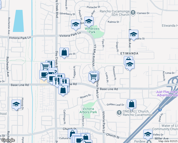 map of restaurants, bars, coffee shops, grocery stores, and more near 12584 Atwood Court in Rancho Cucamonga
