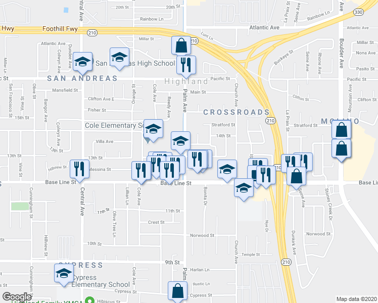 map of restaurants, bars, coffee shops, grocery stores, and more near 7181 Palm Avenue in Highland