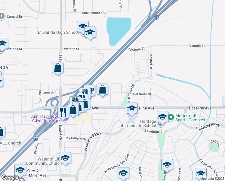 map of restaurants, bars, coffee shops, grocery stores, and more near 7181 Santa Barbara Court in Fontana