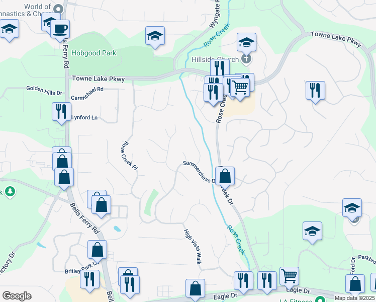 map of restaurants, bars, coffee shops, grocery stores, and more near 404 Summerchase Way in Woodstock