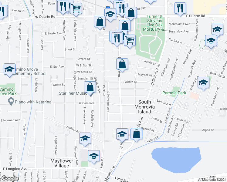 map of restaurants, bars, coffee shops, grocery stores, and more near 138 Pamela Road in Monrovia