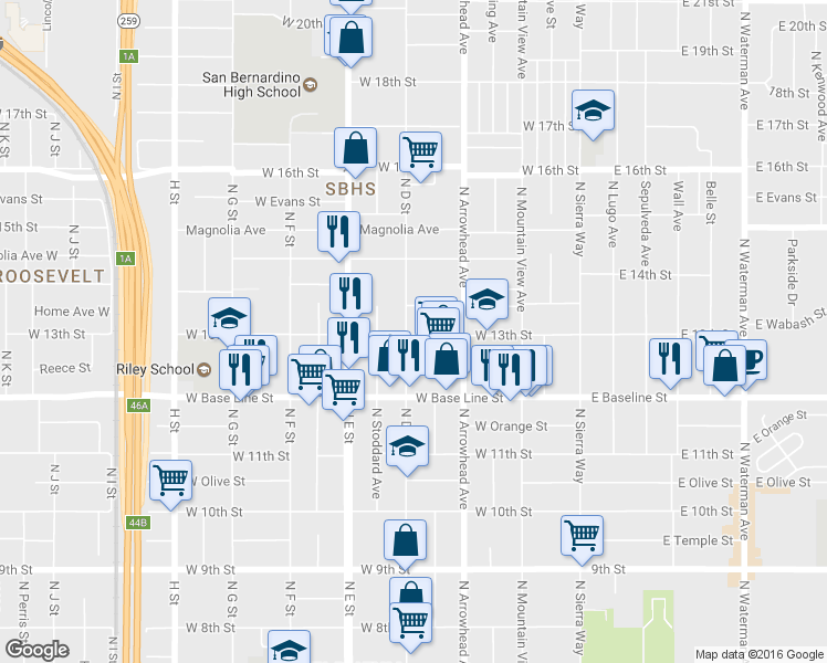 map of restaurants, bars, coffee shops, grocery stores, and more near in San Bernardino