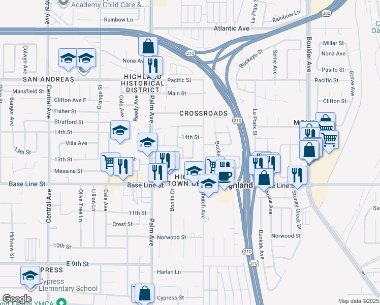 map of restaurants, bars, coffee shops, grocery stores, and more near 7176 Bradford Avenue in Highland