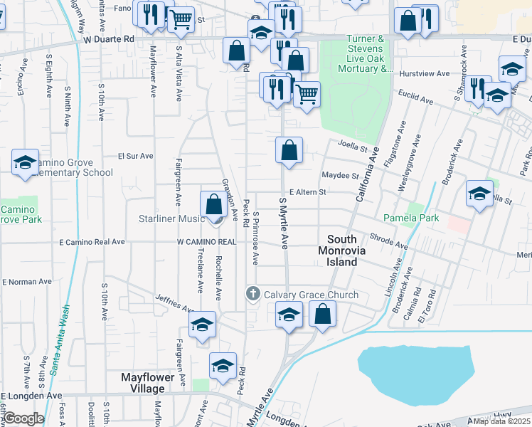 map of restaurants, bars, coffee shops, grocery stores, and more near 132 East Pamela Road in Monrovia