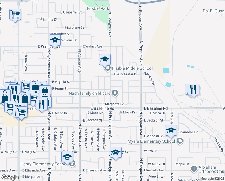 map of restaurants, bars, coffee shops, grocery stores, and more near 1315 North Eucalyptus Avenue in Rialto
