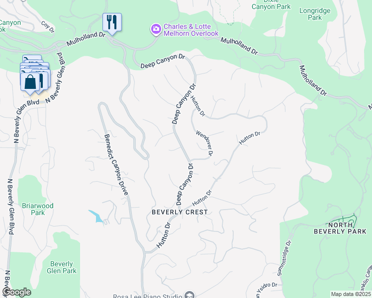 map of restaurants, bars, coffee shops, grocery stores, and more near 2784 Deep Canyon Drive in Beverly Hills