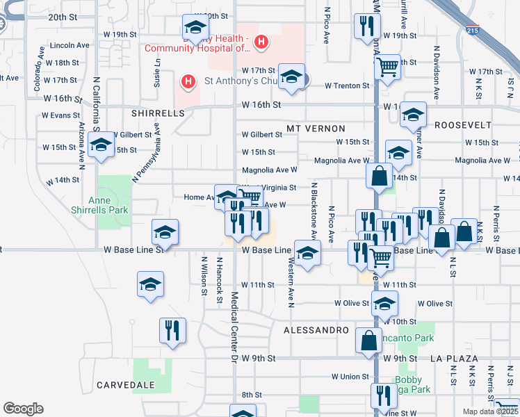 map of restaurants, bars, coffee shops, grocery stores, and more near 1563 Home Avenue West in San Bernardino