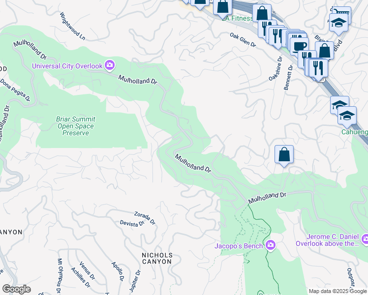 map of restaurants, bars, coffee shops, grocery stores, and more near 7453 Mulholland Drive in Los Angeles