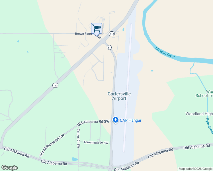 map of restaurants, bars, coffee shops, grocery stores, and more near 43 Meadowbridge Drive Southwest in Cartersville