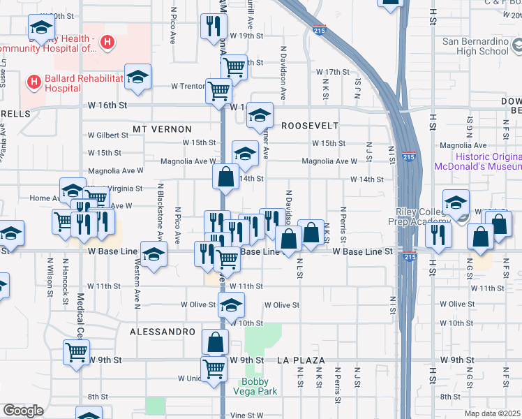map of restaurants, bars, coffee shops, grocery stores, and more near 1312 North Garner Avenue in San Bernardino