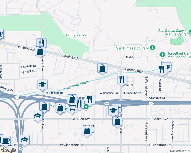 map of restaurants, bars, coffee shops, grocery stores, and more near 257 W Woodland Oaks Dr in San Dimas