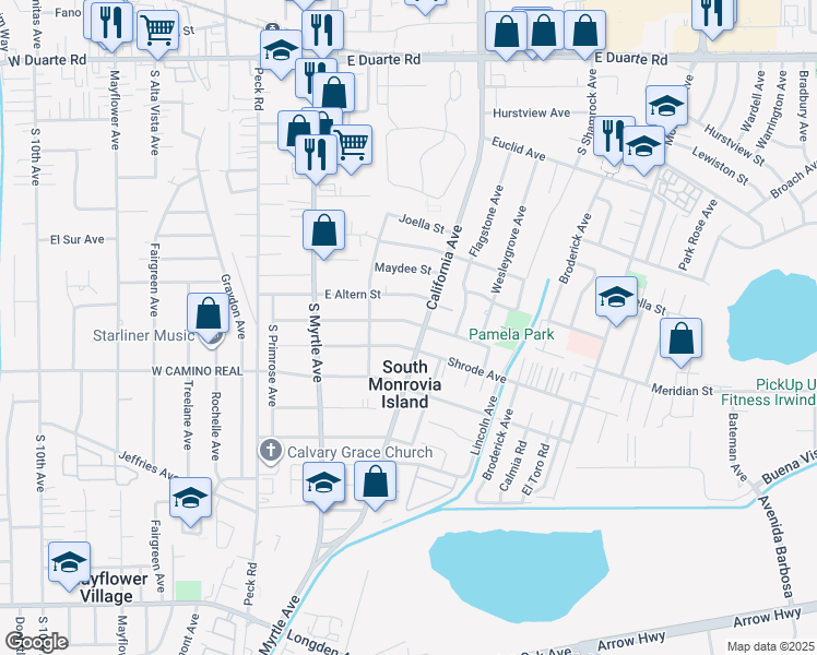 map of restaurants, bars, coffee shops, grocery stores, and more near 344 Pamela Road in Monrovia